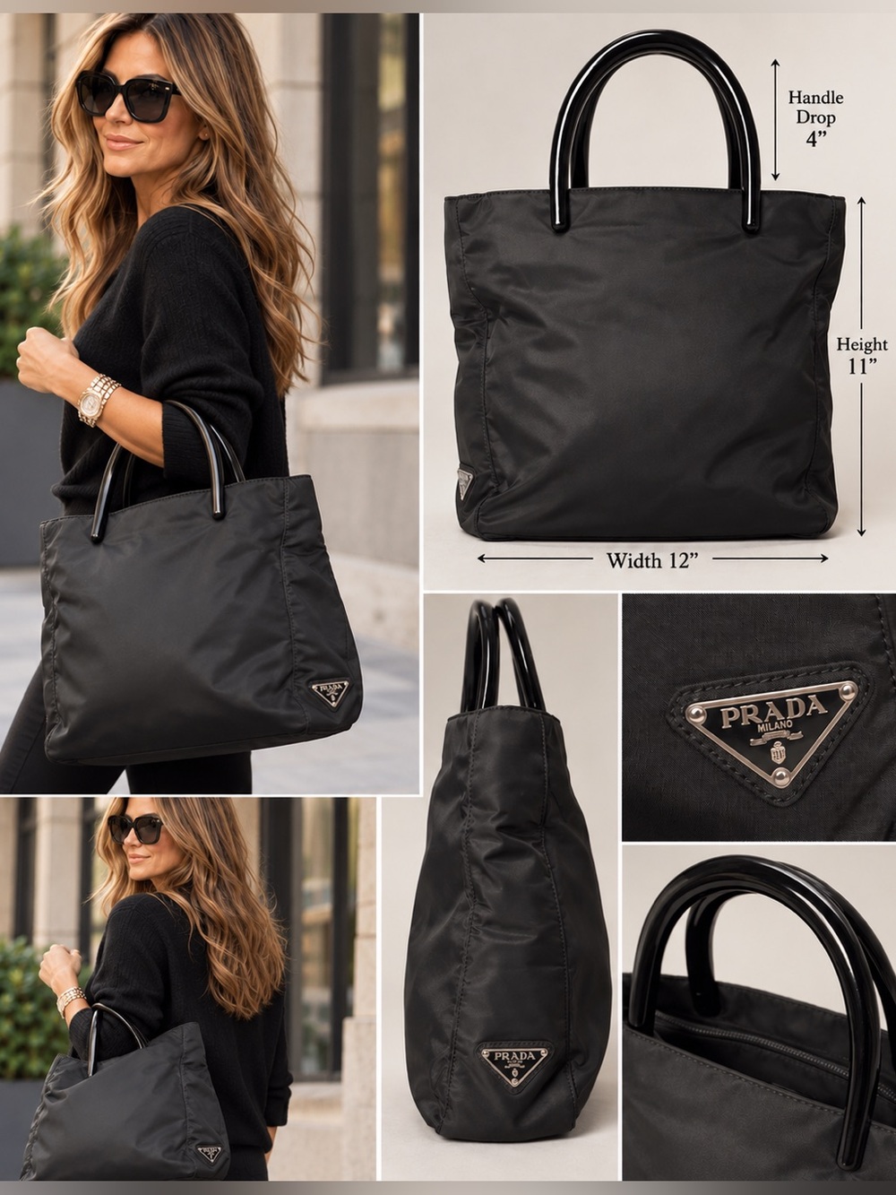 Prada Black Nylon Nero Tessudo Tote with acrylic Top Handles